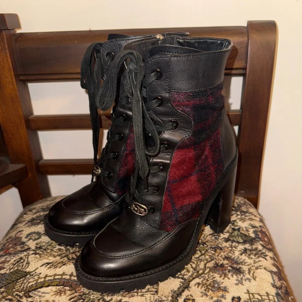 Coach Hartley Plaid Lace-Up Booties Black Leather & Red Wool Ankle Boots 7B